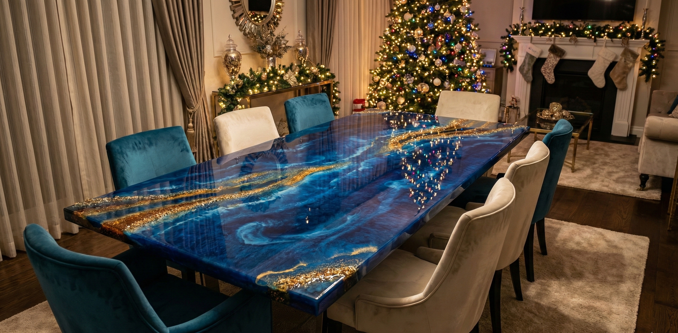 Stunning blue resin river table decorated for Christmas with family gathering