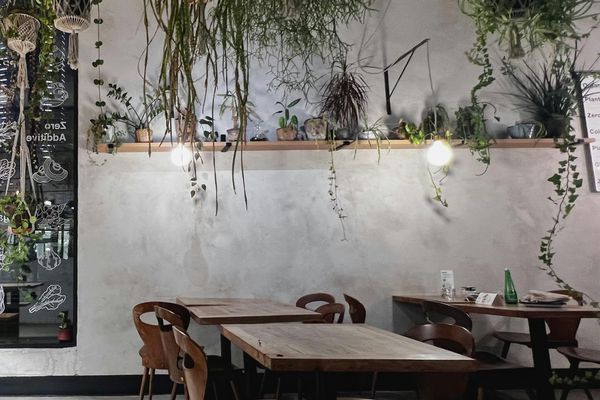 Restaurant modern cu mese din lemn cu margini vii și pereți din microciment