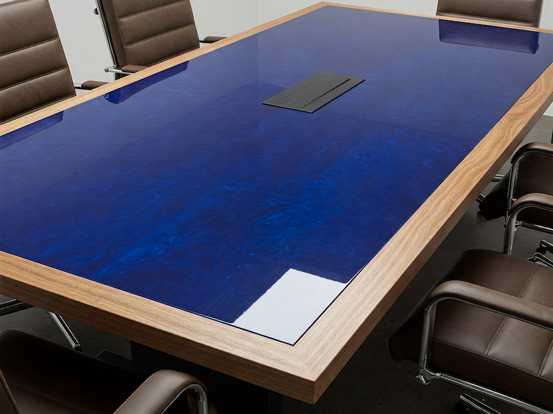 Long corporate conference table with blue resin accents