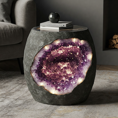 Amethyst geode side table with resin