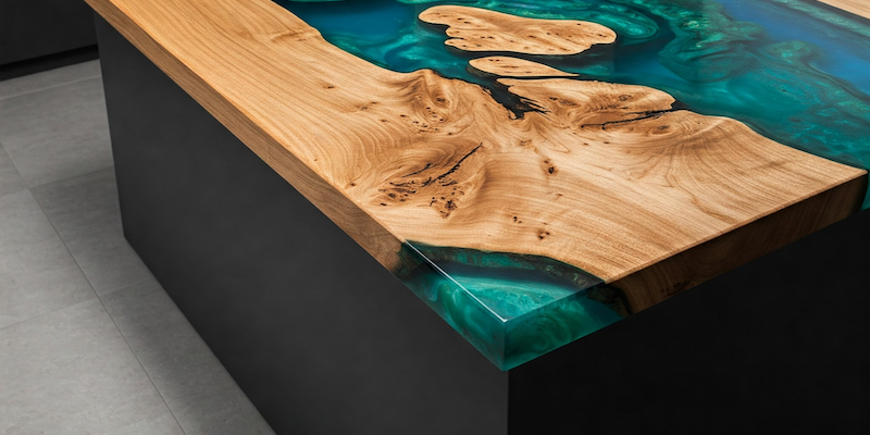White oak kitchen island top with epoxy resin