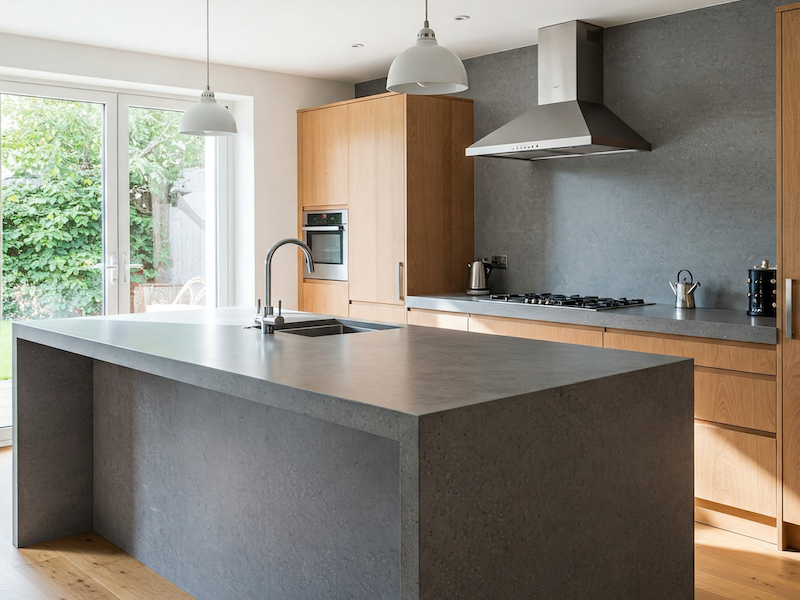 Modern kitchen renovation with microcement surfaces