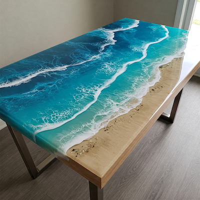 Blue resin ocean table with wave effect