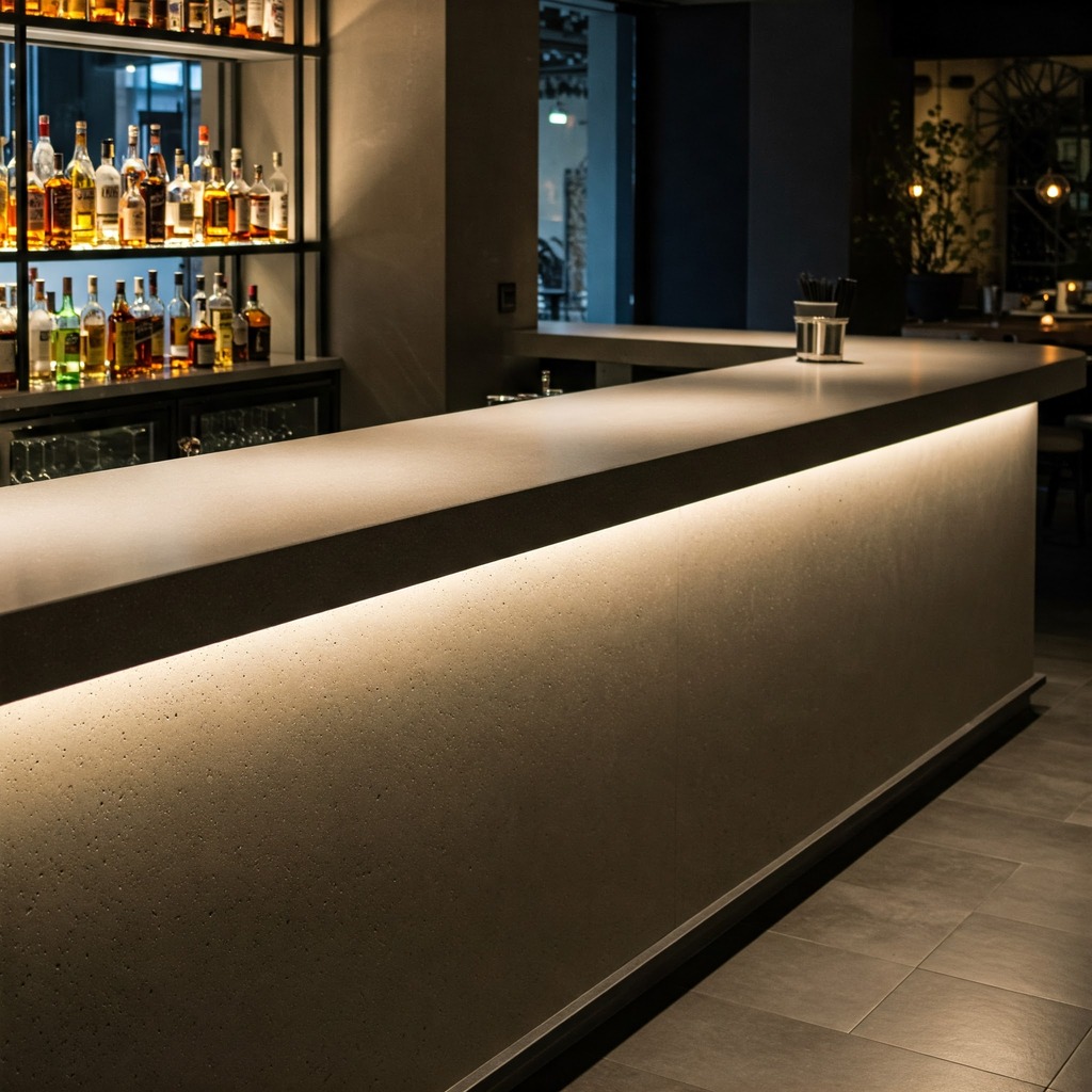 Polished microcement bar counter in a restaurant